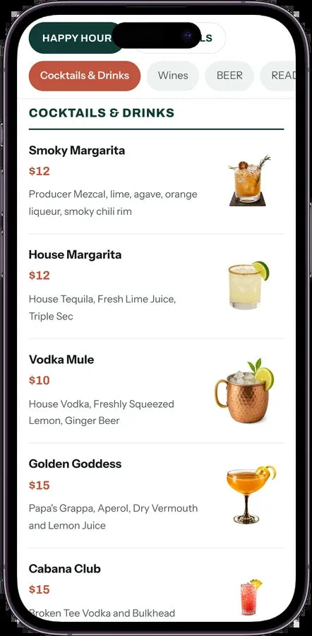 Casa Playa digital menu with a Papa's Grappa cocktail listed