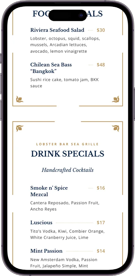 Lobster Bar Sea Grille menu
