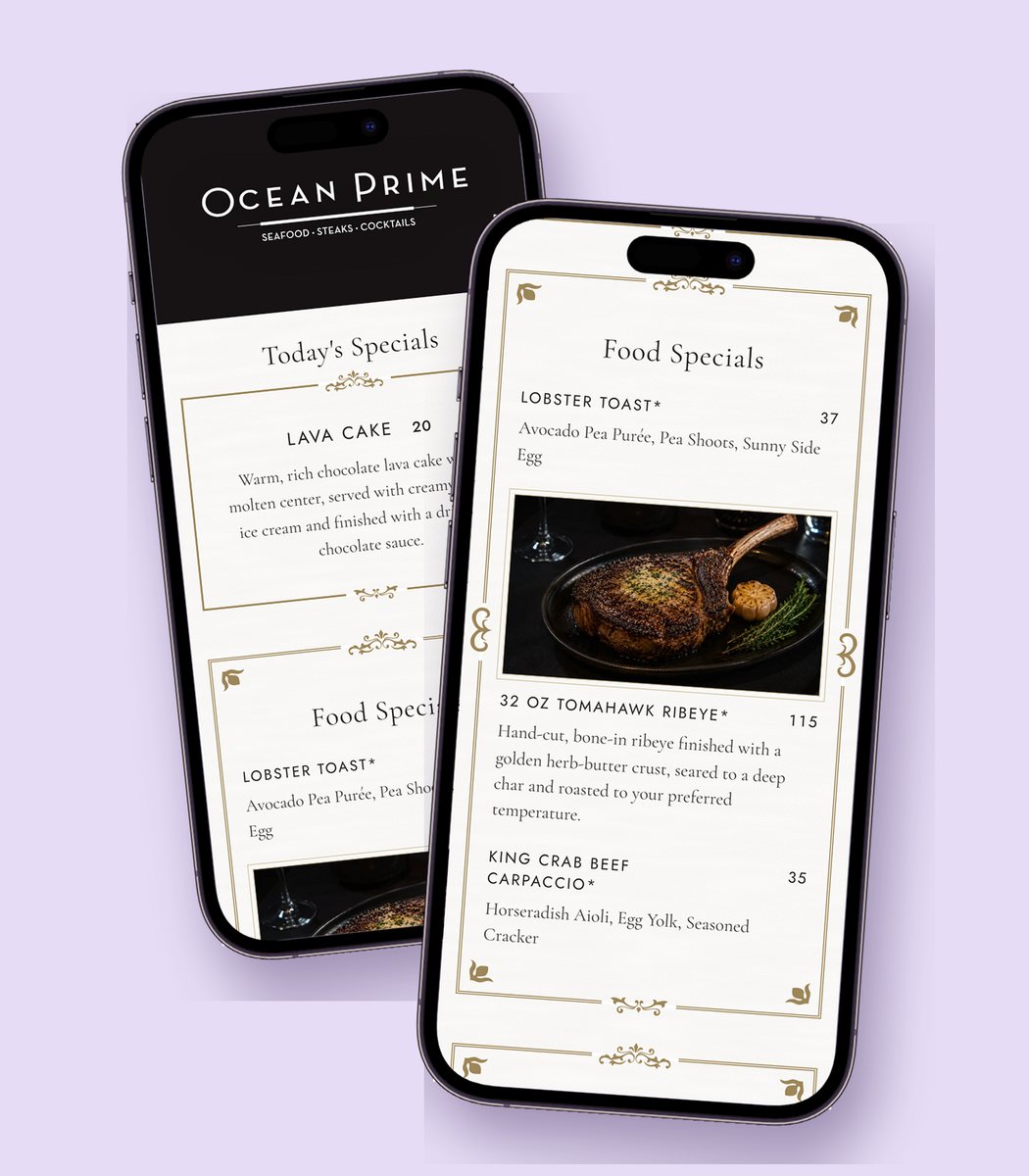 Ocean Prime today's specials page on two phones