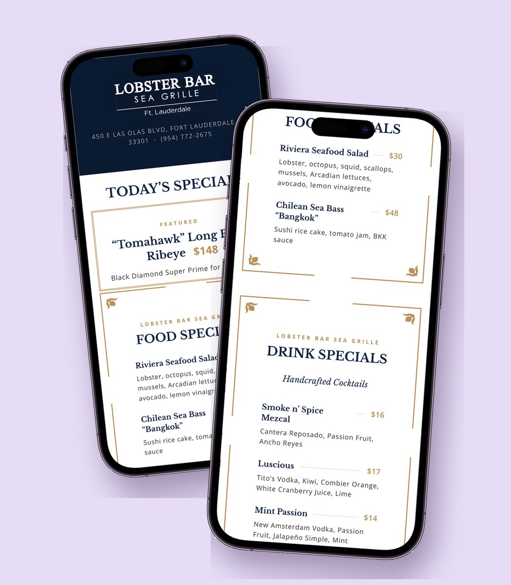 Lobster Bar Sea Grille today's specials on two phones