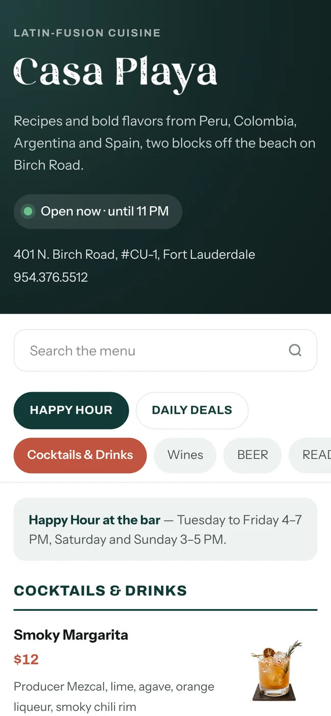 Casa Playa digital menu on a phone: happy hour, cocktails and dish photos