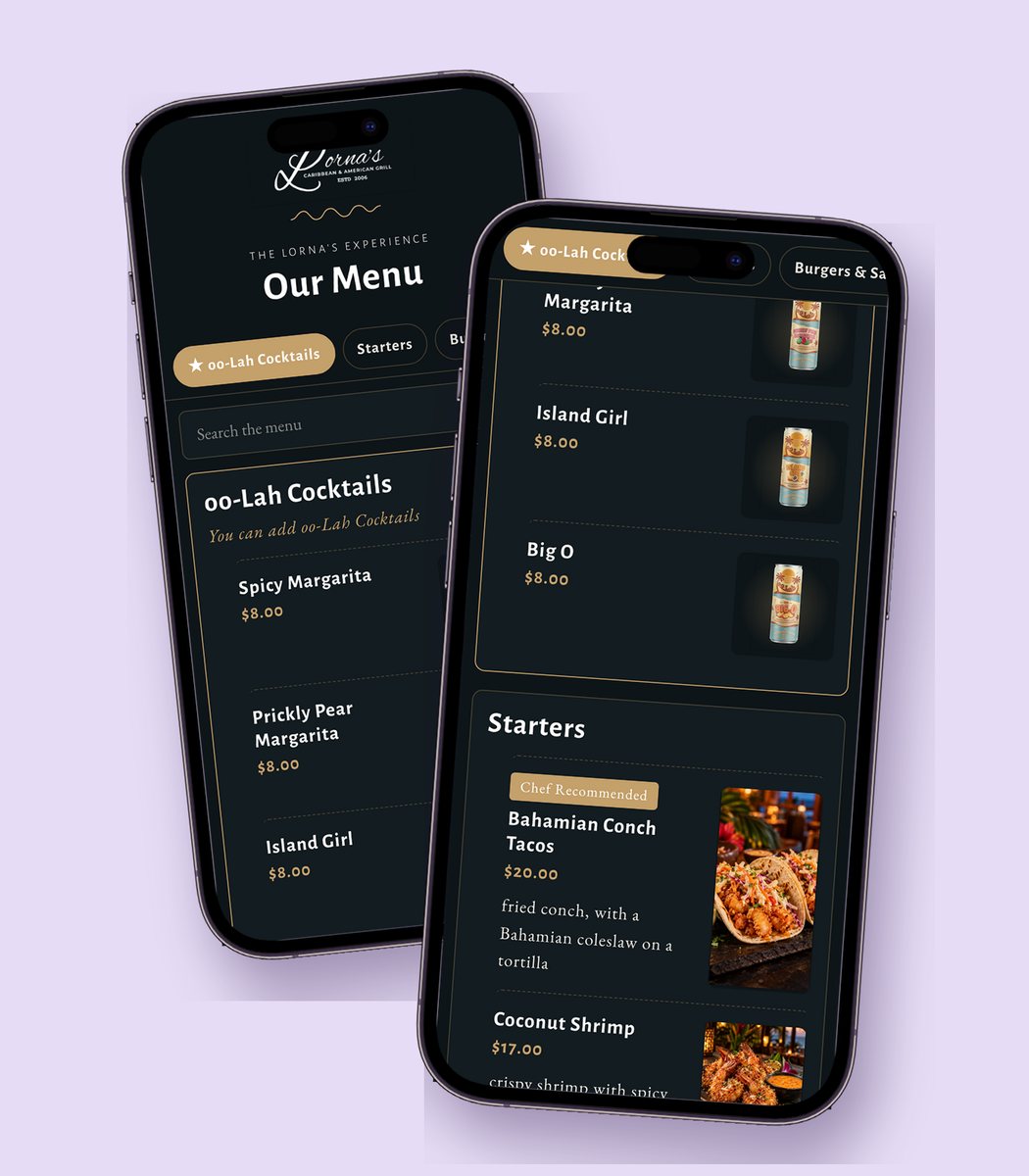 Lorna's Caribbean Grill menu on two phones, with oo-Lah cocktails first