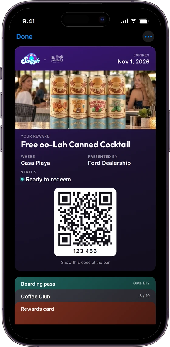 A Swiggle × oo-Lah wallet pass in Apple Wallet, ready to redeem