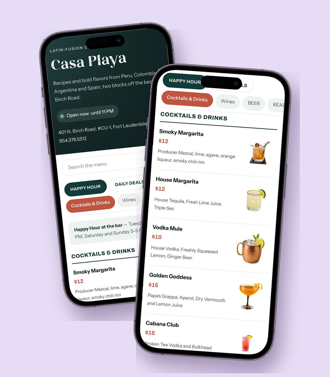 Casa Playa digital menu on two phones