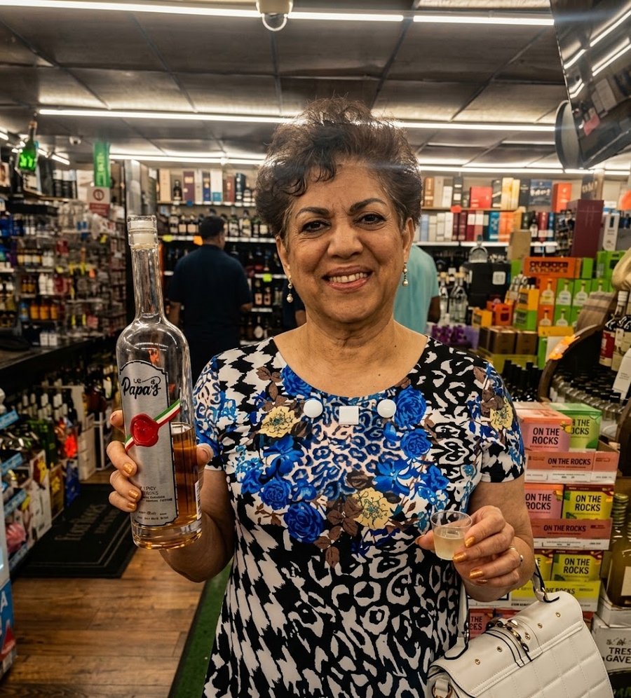 Guest holding a bottle of Papa's Grappa at the tasting