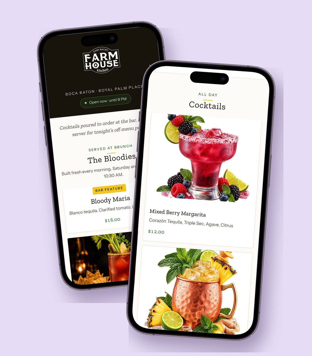 Gary Rack's Farmhouse cocktail menu on two phones