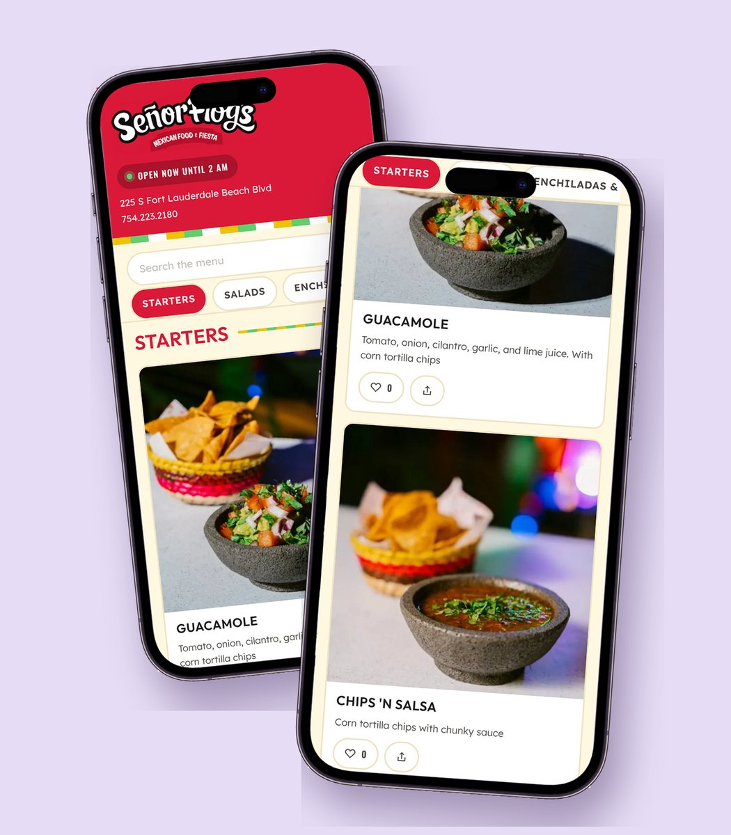 Señor Frog's Fort Lauderdale menu on two phones