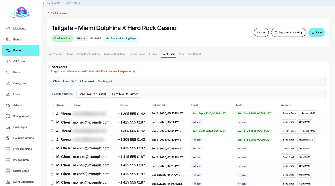 Swiggle admin panel — event registrants