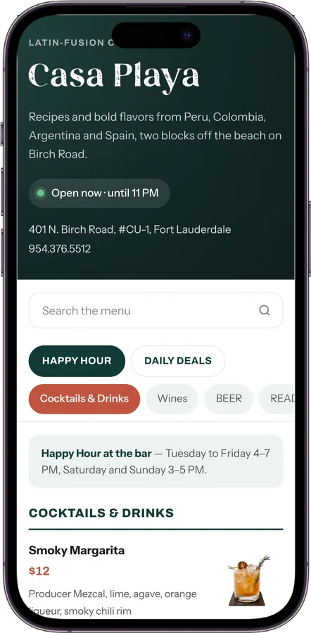 Casa Playa menu screen 1
