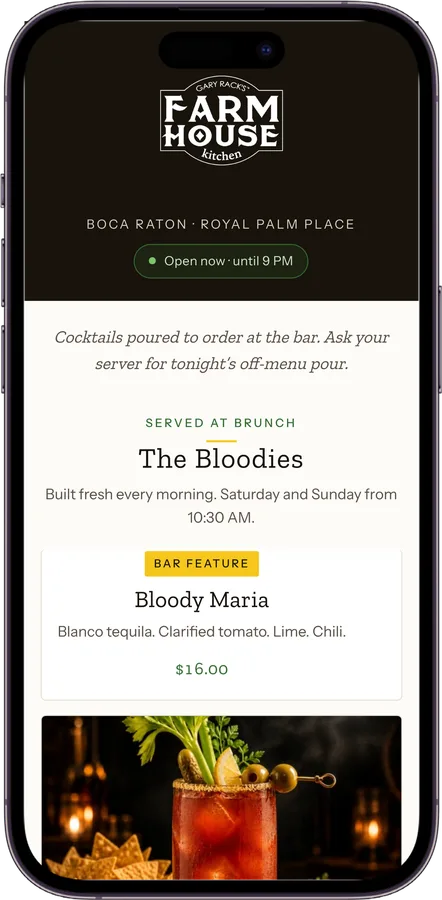 Gary Rack's Farmhouse menu screen 1