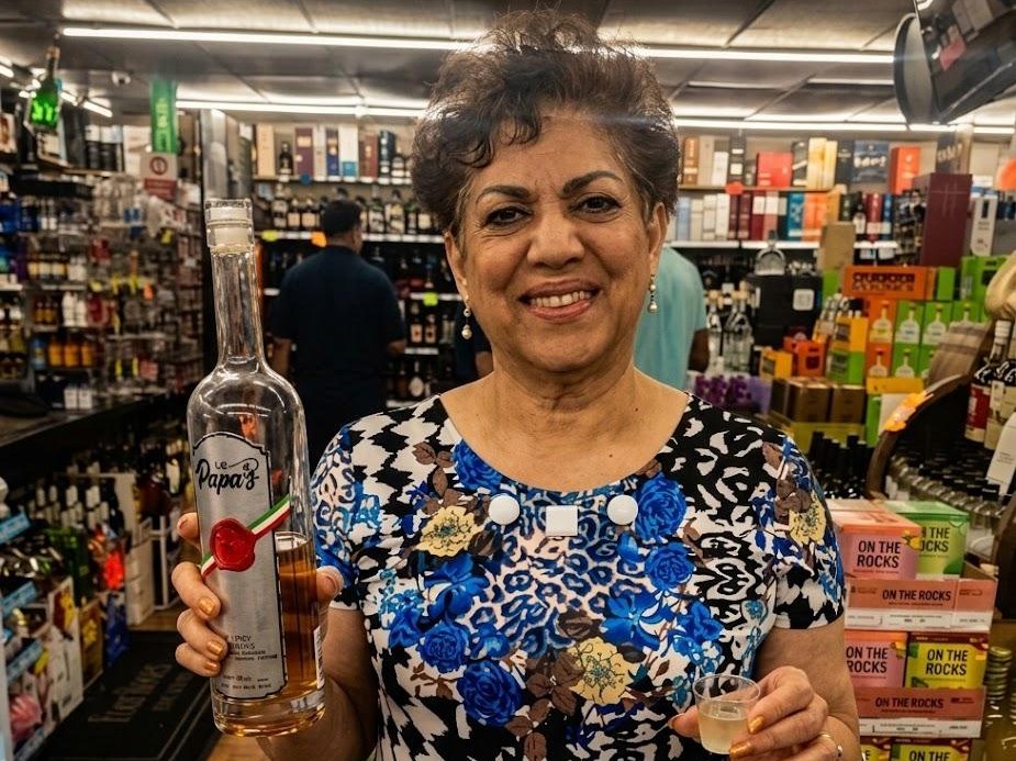 Guest with a bottle of Papa's Grappa at an in-store tasting