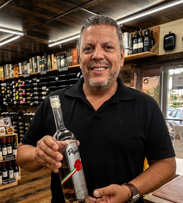 Guest holding a bottle of Papa's Grappa at a Total Wine & More tasting, Delray Beach