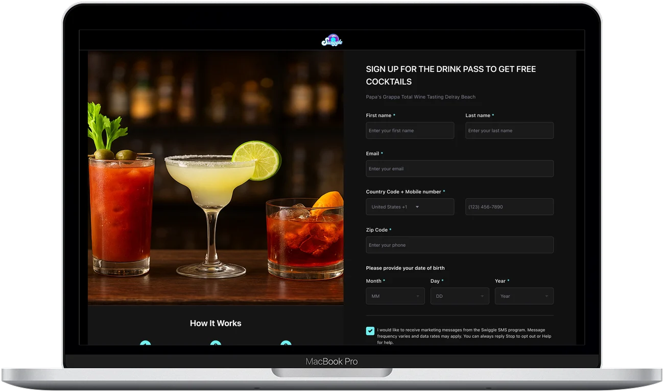 Papa's Grappa Drink Pass signup page, live on Swiggle