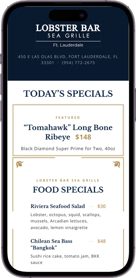 Lobster Bar Sea Grille menu screen 1